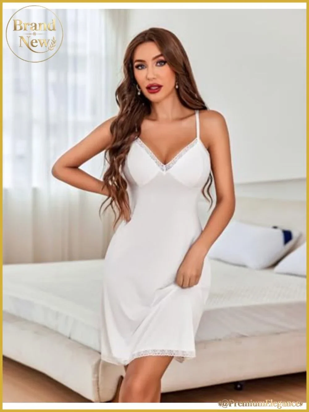 Nylon Spandex Spaghetti Strap Slip Dress Lace Trim Full Slip Nightgown